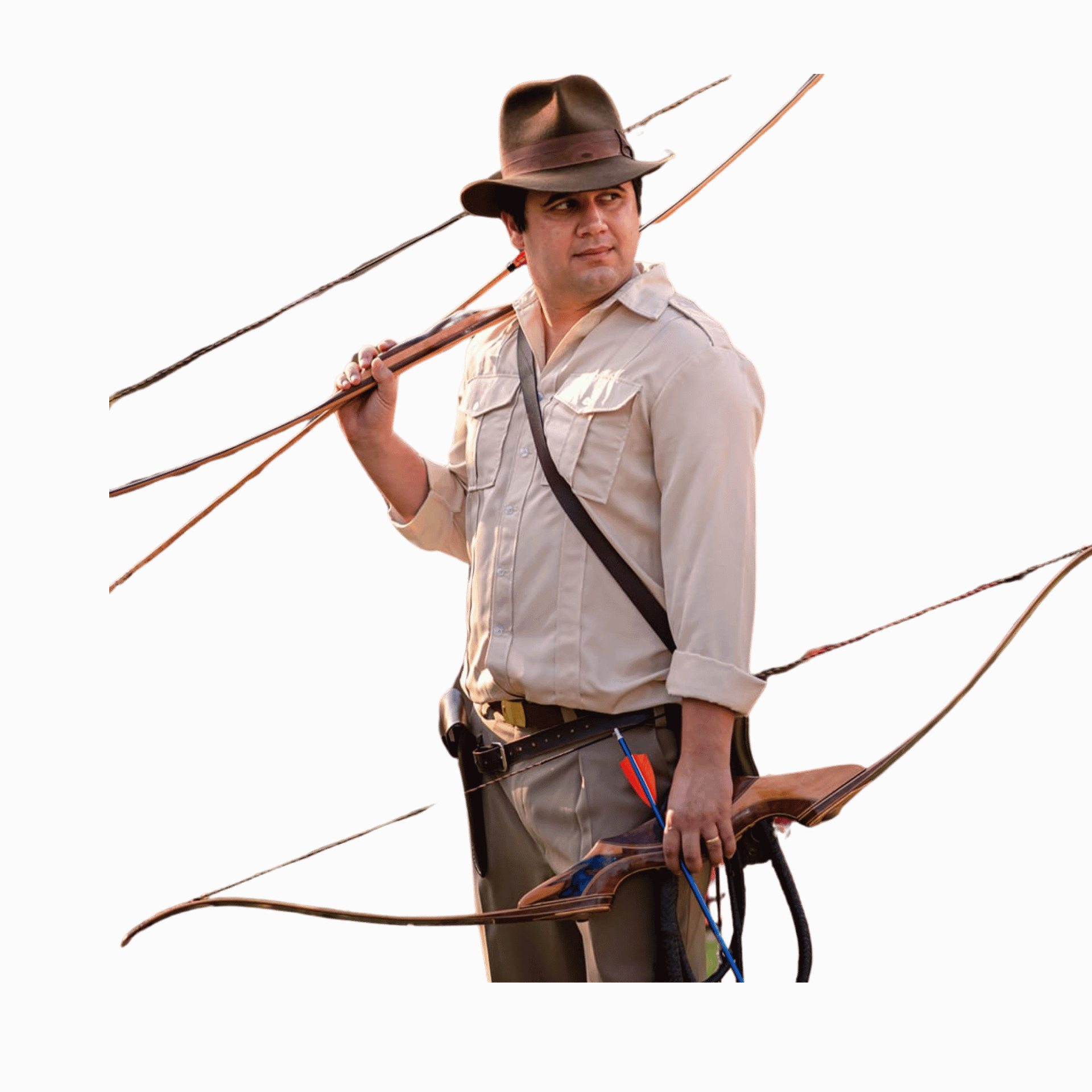 Elison Lusvardi, founder of Indiana Bows, wearing a hat and carrying bows on his shoulders